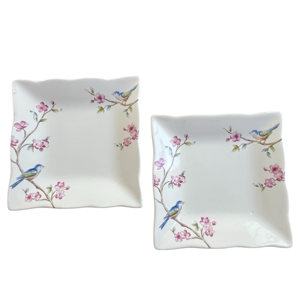 Pair Of 222 Fifth Feathered Friends Bird Floral Square App Plates, Scalloped